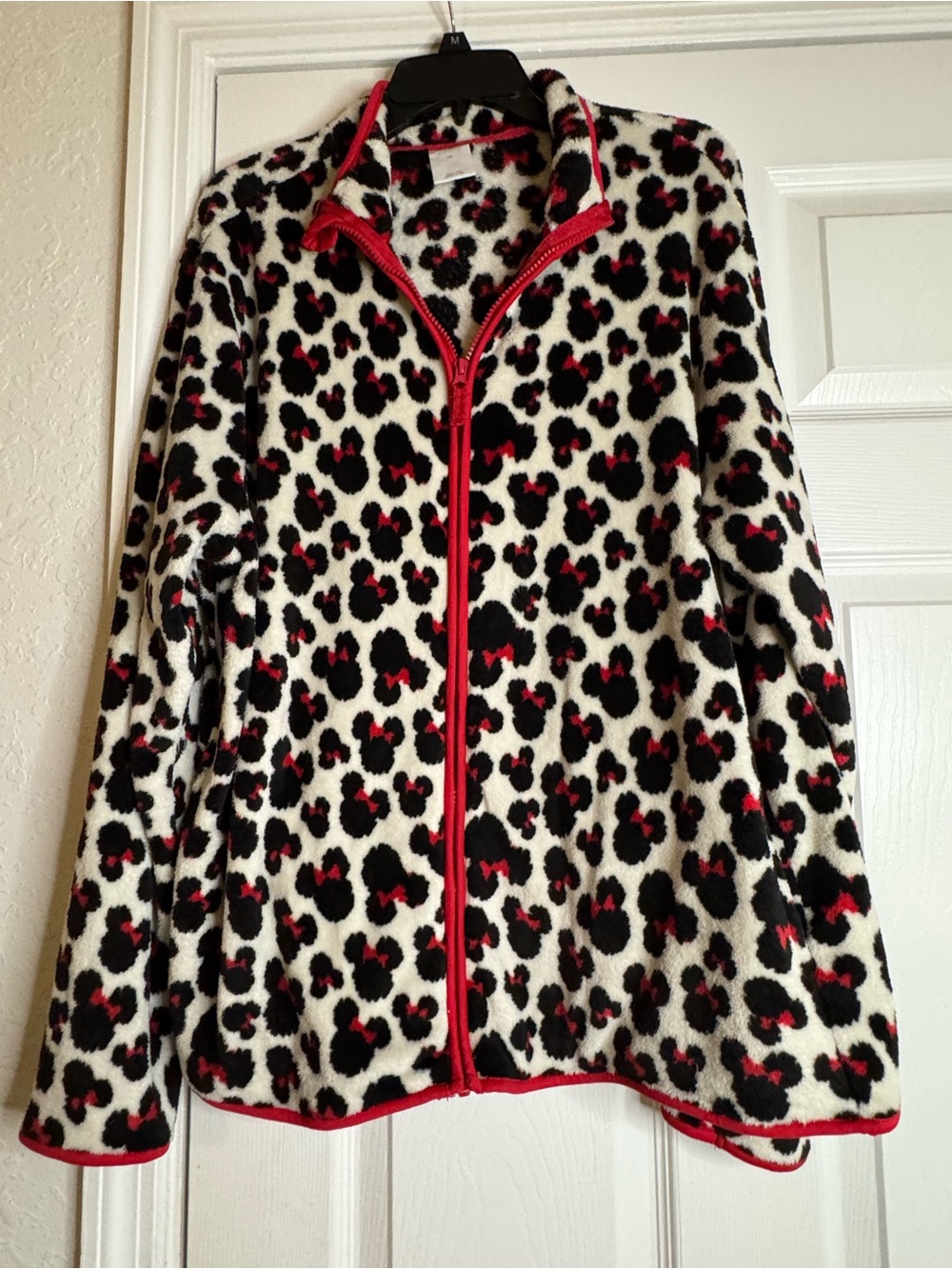 Disney Cream Minnie Mouse Leopard Print Teddy Jacket with Black and Red Accents